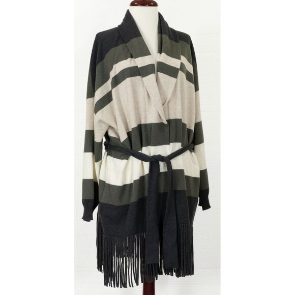 $4495 BRUNELLO CUCINELLI CASHMERE STRIPED BELTED CARDIGAN FRING BOTTOM - Picture 6 of 8